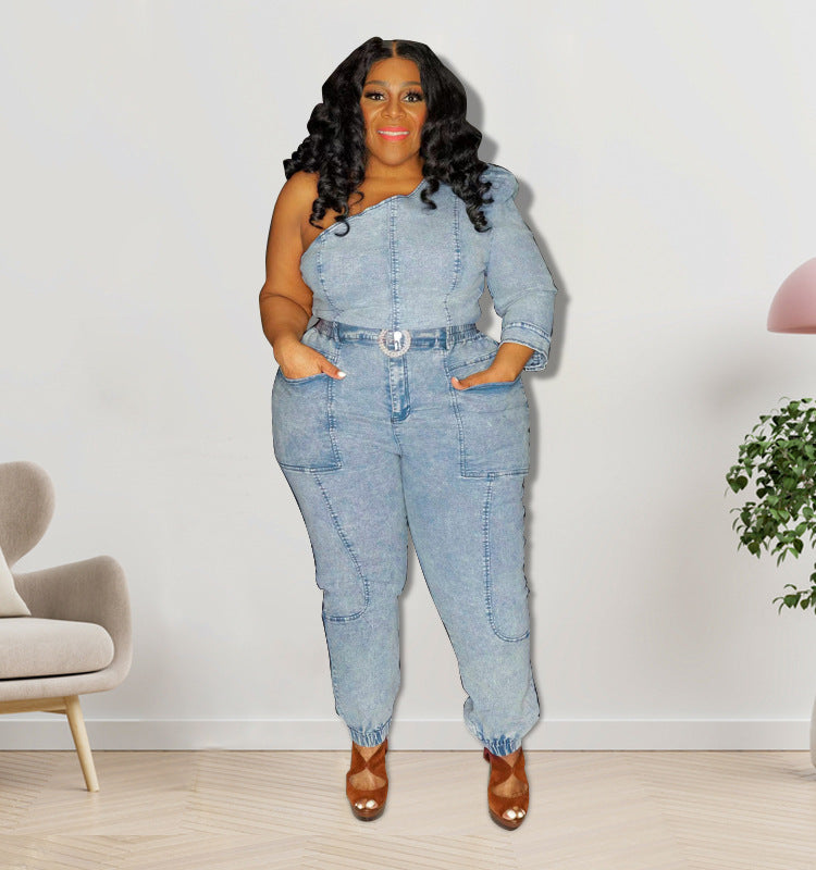 Sexy Shoulder Single Sleeve Washing Denim Set