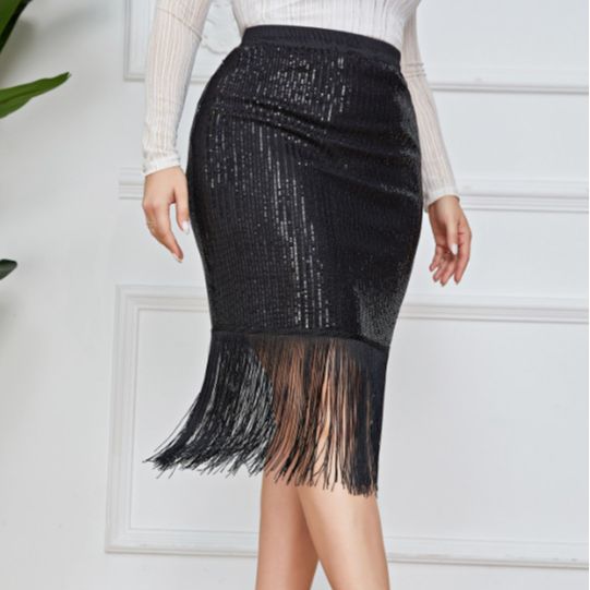 High Waist Retro Office Sheath Sequined Tassel Skirt