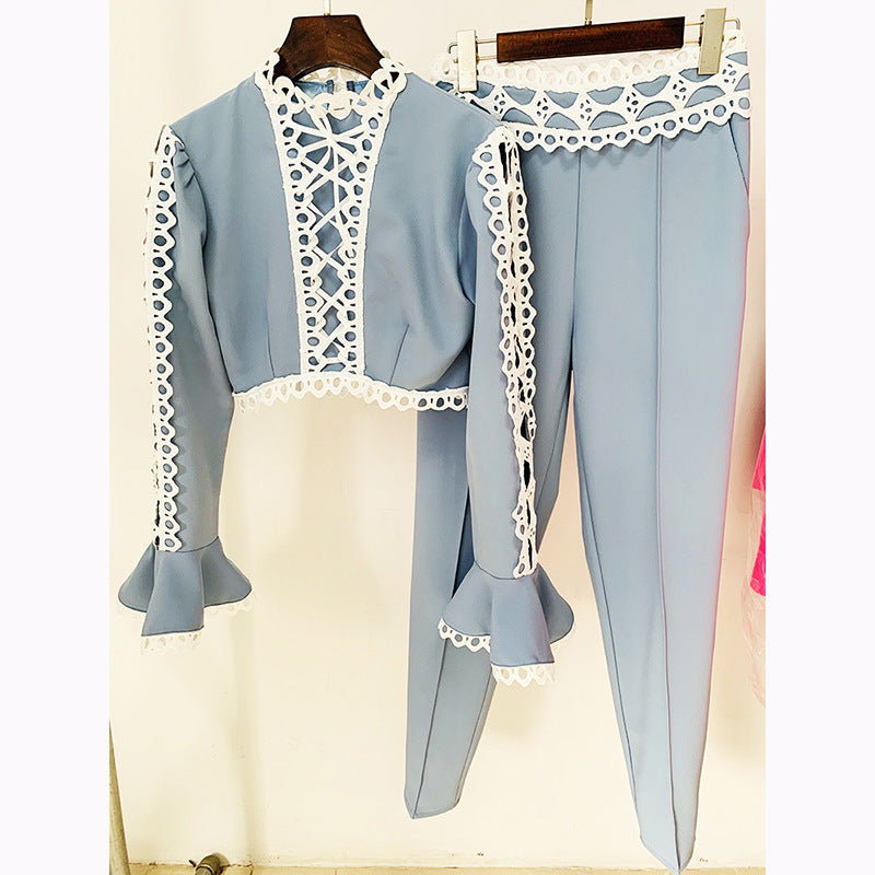 Hollow Out Cutout Lace Bell Sleeve Shirt and Pant Two Piece Set