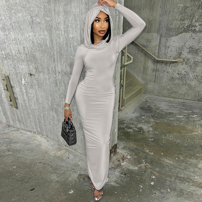 Hood Back Slit Solid Color Dress