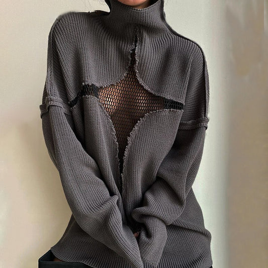 Patchwork Mesh Loose High Collar Knitted Sweater Pullover