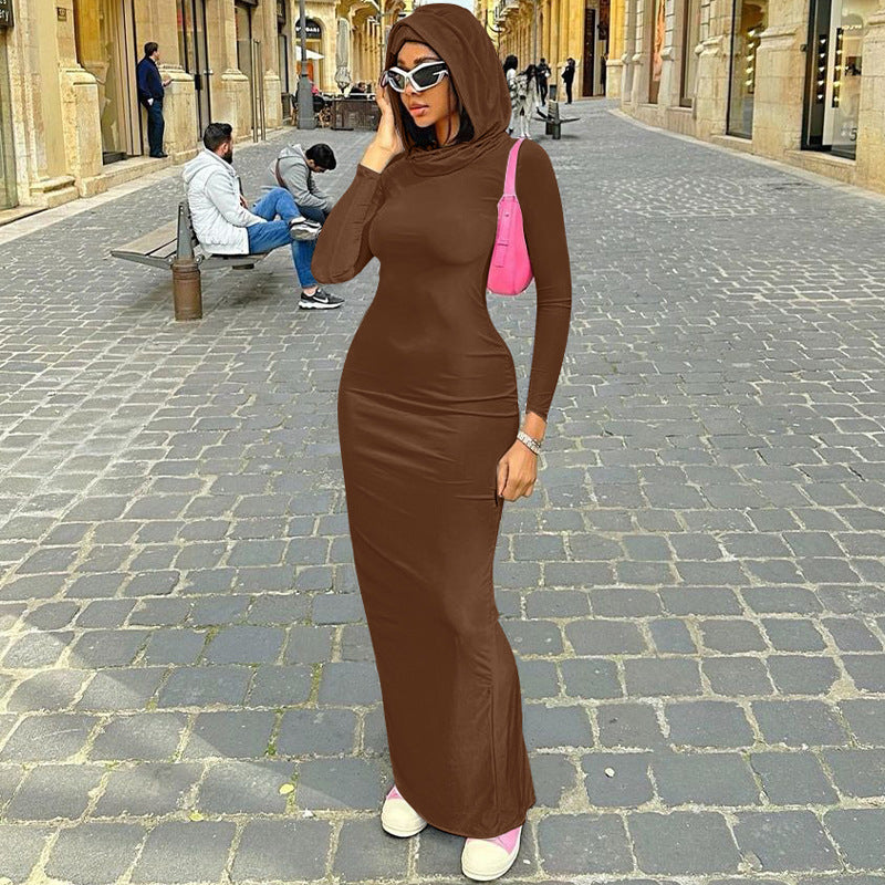 Hood Back Slit Solid Color Dress