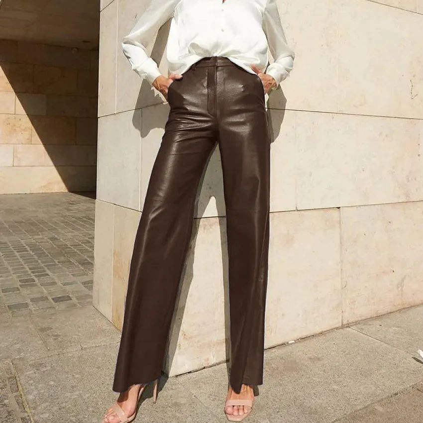 Leather Mid High Waist Hip Lifting Straight Pants