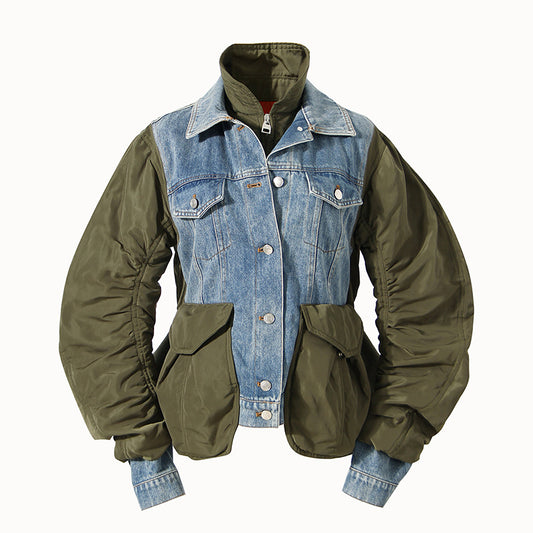 Autumn Winter Loose Color Matching Denim Cotton Jacket