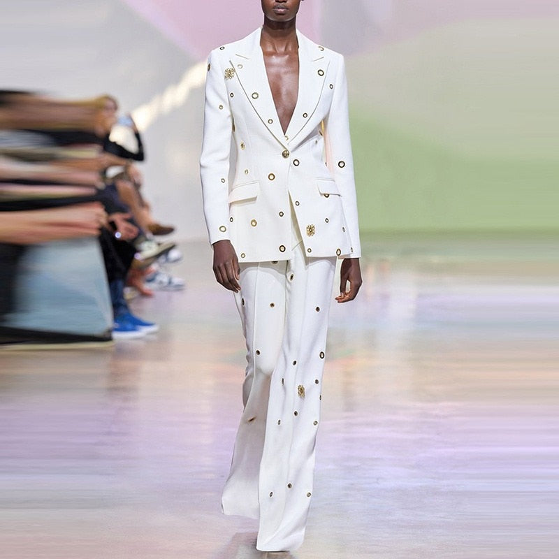 American Style Runway White and Black Pants Suit