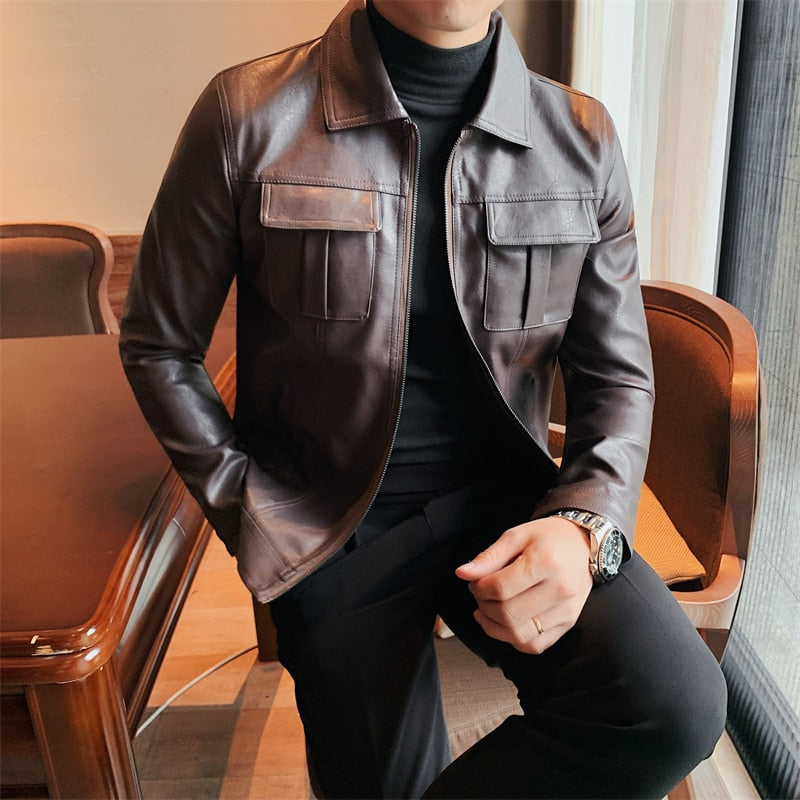 Classic Autumn Motorcycle Leather Single Breasted Men Jacket