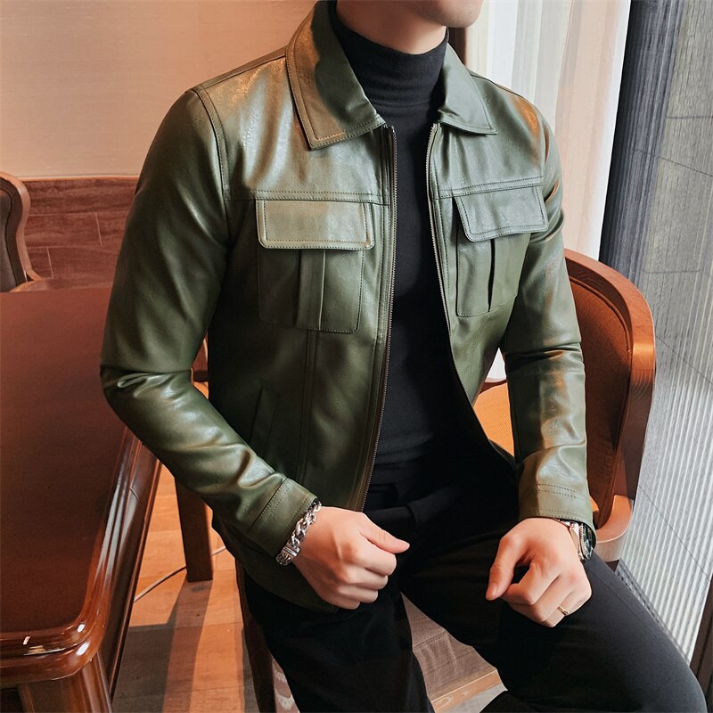 Classic Autumn Motorcycle Leather Single Breasted Men Jacket